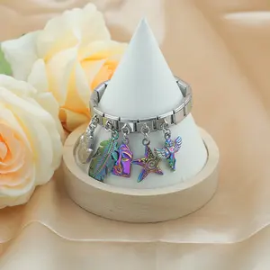 Hapiship 2024, abalorio de estrella de <span class=keywords><strong>Palma</strong></span> de plumas de acero inoxidable para mujer, eslabones italianos aptos para pulsera de 9mm, fabricación DIY, joyería de moda DJ847 - Product Image 4