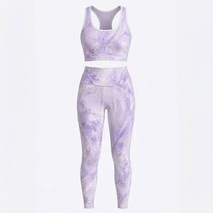 Women Yoga <b>Set</b> <b>Tie</b> <b>Dye</b> Purple Gradient 2 Piece Crop Top High Waist Leggings Full Length Spandex Polyester Four Way Stretch - Product Image 1