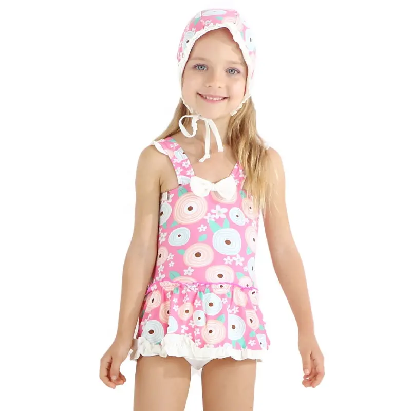 Kidsベビーファンシーデザインフリル水着と帽子の少女水着モデル