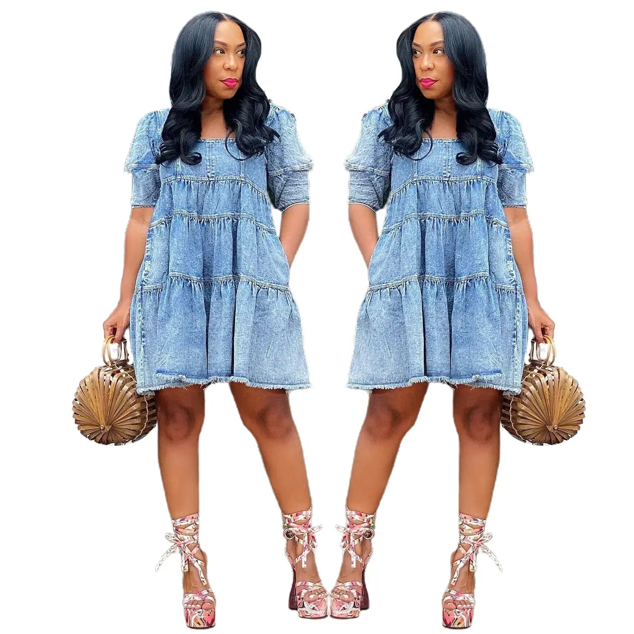 J&H summer 2023 cute oversized ruffled denim dress women short sleeve stretchy jean dress causal maternity dress