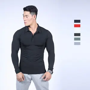 Gym men Polo T shirt Round neck long sleeves shirt multi color fast dry polyester button slim fit polo tops clothing