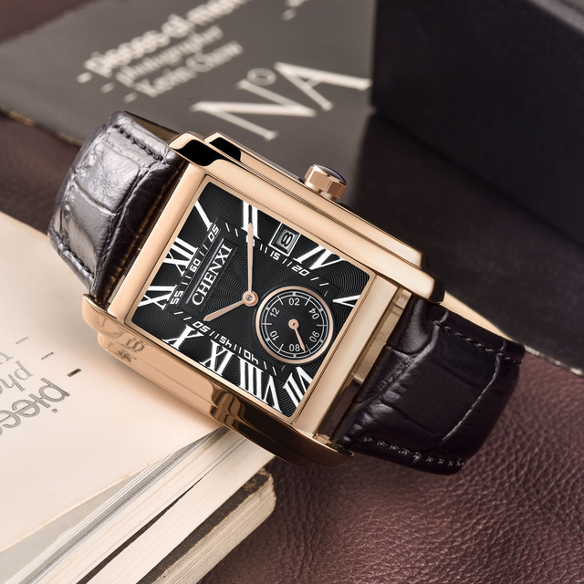 Men's Sports Timing Quartz Watch with Square Dial and Leather Band Business Leisure Simple Luxury Alloy Case Wrist Clock