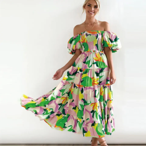 <span class=keywords><strong>Abito</strong></span> Sexy allentato stile per le vacanze con manica a sbuffo ampia in vita stampa increspata a linea abiti stampati estivi da donna - Product Image 2