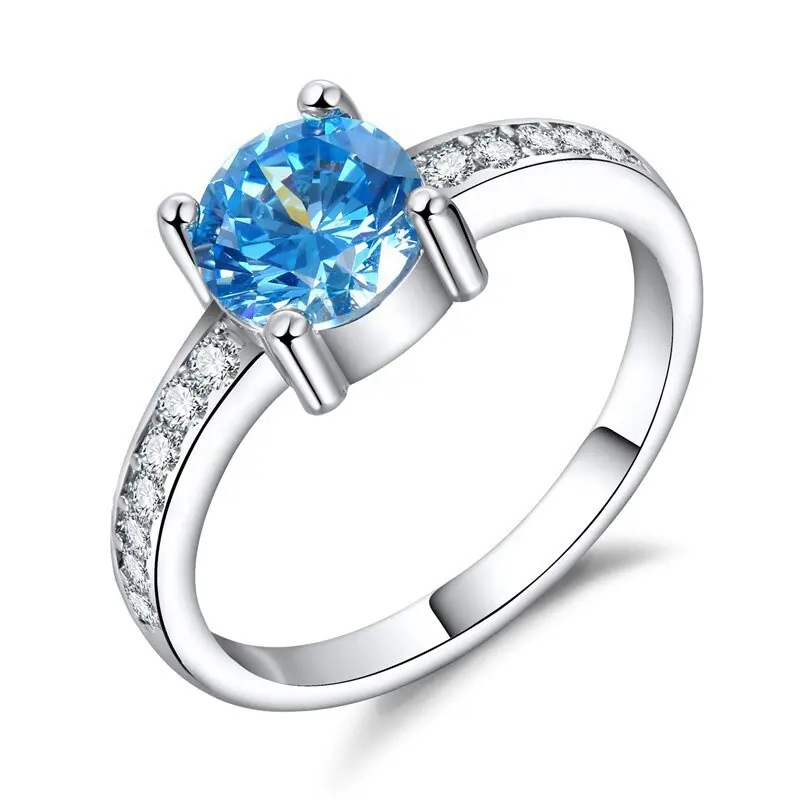 Plating White Gold Wedding 1Ct Aqua Blue Cz Vrouwen Ring Vrouwelijke Bruiloft Sieraden 925 Sterling Zilver
