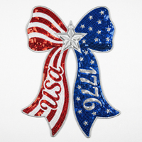 Patchs brodés thermocollants personnalisés drapeau USA avec nœud et paillettes pour vêtements, collection Fête de l'Indépendance 2026, vente en gros