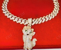 Pendentif Hip Hop Unisexe en Argent Sterling Plaqué Or avec Moissanite VVS1, Motif Chat Mignon, Bijou de Fête, Chaîne Cubaine