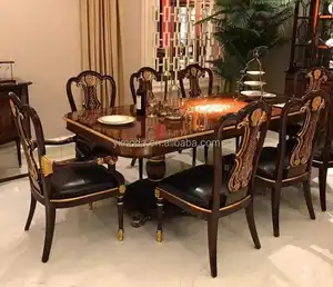 Juego de mesa de comedor rectangular de chapa de madera natural para el hogar antiguo clásico, mesa de comedor con diseños de lujo de 6 plazas y Cha