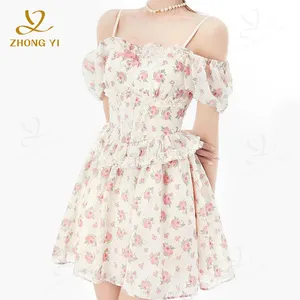 Personalizado 2024 verano ropa de mujer moda Sling manga corta cintura Mini Hada encaje plisado falda Floral patrón estampado vestidos