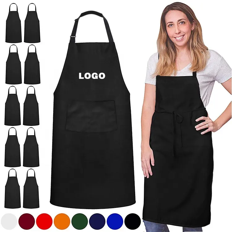 Groothandel Goedkope Custom Full Length Bib Black Vaatwasser Schort Keuken Polyester Katoenen Stof Chef Kookschort Twee Pocket Logo