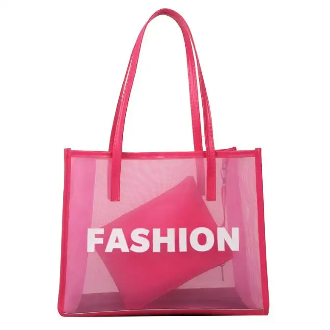 Летняя многоразовая нейлоновая сетчатая пляжная сумка-тоут высокого качества карамельных цветов на заказ сумка на плечо с ручкой из искусственной кожи