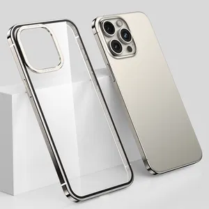 Casing ponsel bingkai anti karat populer untuk iPhone 15 casing ponsel penutup belakang PC transparan sangat jernih dengan lensa elektroplate logam