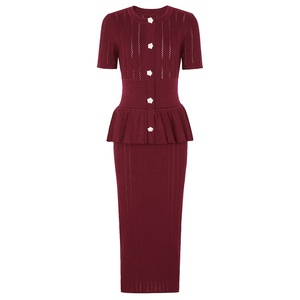 <span class=keywords><strong>Robe</strong></span> pour femme de haute qualité, nouvelle mode, tricotée, à <span class=keywords><strong>manches</strong></span> <span class=keywords><strong>courtes</strong></span>, <span class=keywords><strong>col</strong></span> en <span class=keywords><strong>V</strong></span>, boucle diamantée, volants, queue de poisson, coupe ajustée - Product Image 1