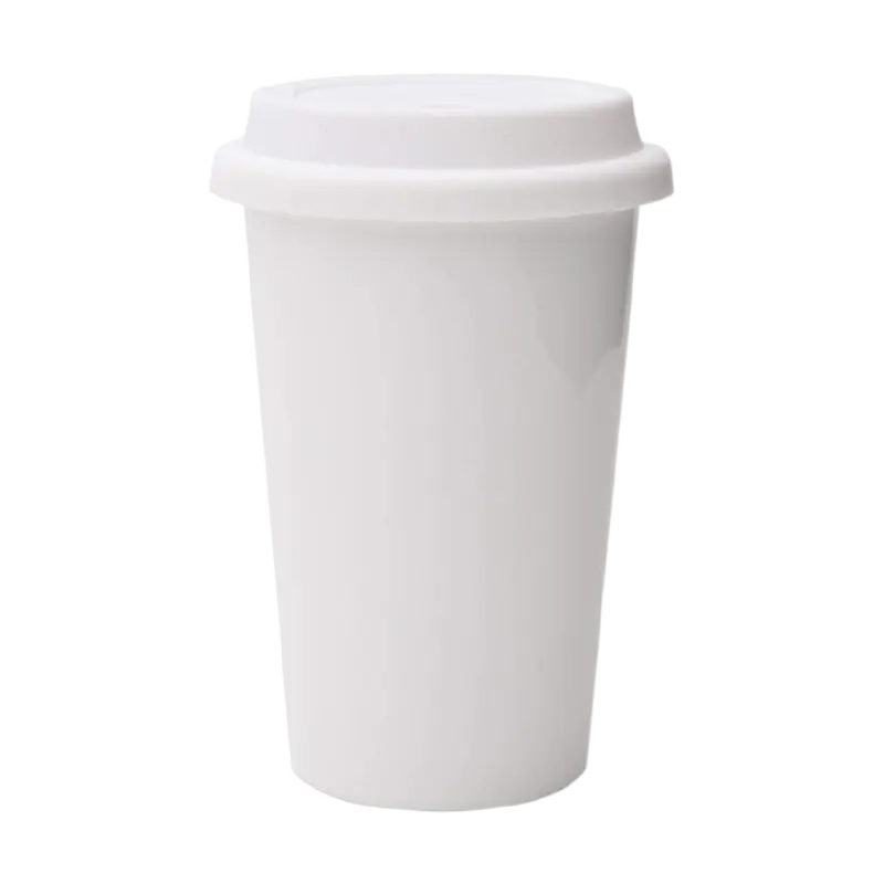Taza de café de cerámica blanca reutilizable con aislamiento de doble pared, taza de café de viaje con tapa y manga
