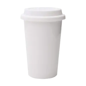 Reusable Double Wall Insulated White Ceramic Travel Coffee Cup with Lid & Sleeve