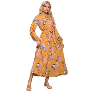 Gaun Wanita Lengan lentera Eropa dan Amerika, Gaun Wanita lengan berdiri kerah renda motif bunga, panjang sedang