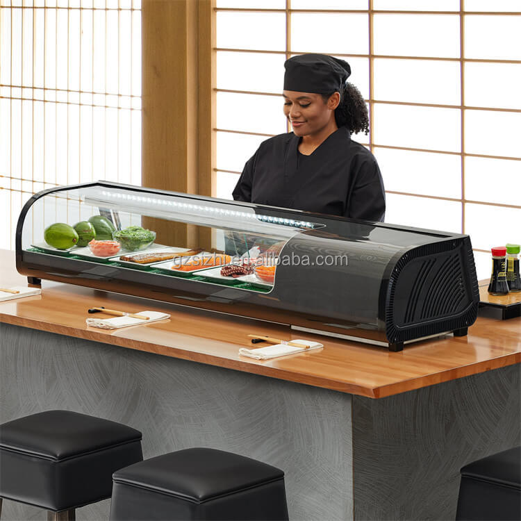 プロの商業テーブルトップガラスドア寿司ショーケース寿司