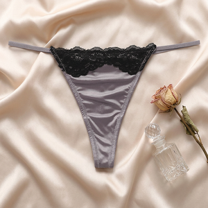 Vente en gros de strings en satin pour femmes, noirs, avec bordure en dentelle florale, fines bretelles, taille basse, sous-vêtements de sport et yoga, culottes sexy pour femmes - Product Image 2