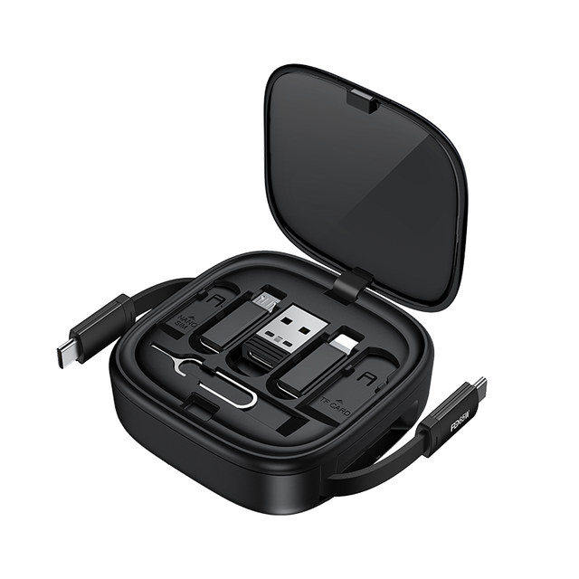Recci Multi-Function Travel Cable Storage Box with 1M USB-C Cable, Adapter Set, SD/TF Card Reader, Fast Charging & Data Transfer