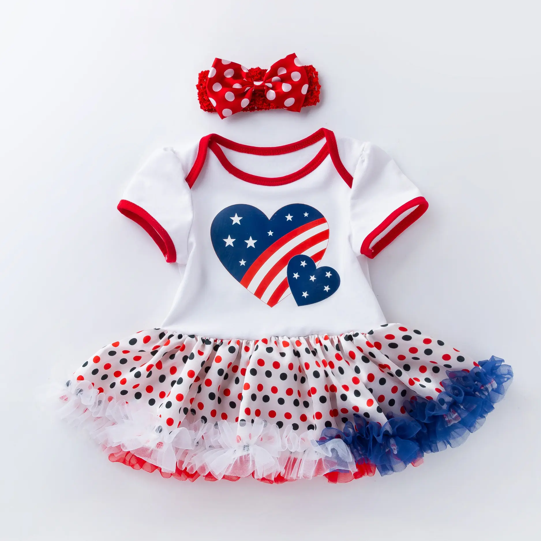 Temmuz 4th kırmızı mavi baskı kostümleri butik bebek Romper parti elbiseleri bebek kız Tutu elbise ile kafa bandı