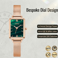 Jam Tangan Wanita Persegi Custom Logo Quartz Rose Gold Dial Hijau Tali Mesh Stainless Steel Jam Tangan Wanita Persegi Panjang