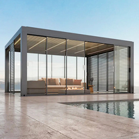 Extérieur personnalisé Pergola Portes coulissantes en verre Boîtier en aluminium à revêtement en poudre pour balcon Bois traité sous pression naturel