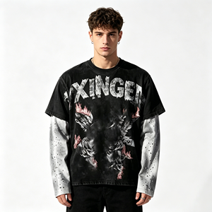 Custom Oversize Graphic T Shirts Double Layer Vintage <b>Long</b> Sleeve T Shirt Acid Wash Rhinestone <b>Tshirts</b> for Men - Product Image 1