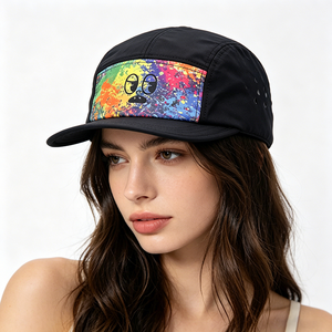 Unisex 5 Panel Camp Cap, Colorful Print Streetwear Hat, Breathable Laser Perforated Outdoor Running Cap for Camping Hiking - Product Image 1