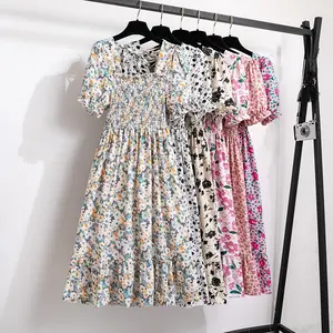 Robes d'été Fashion Short Sleeve Floral Elastic Chest Square Neck Lace Up A-line Midi Dress Women Casual Dress (C9126)