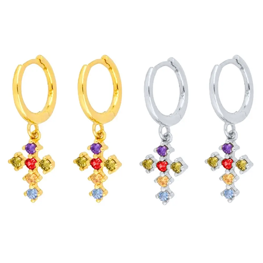 Women Jewelry gold plated colorful rainbow zirconia diamond luxury earrings women cross hoop huggies earrings
