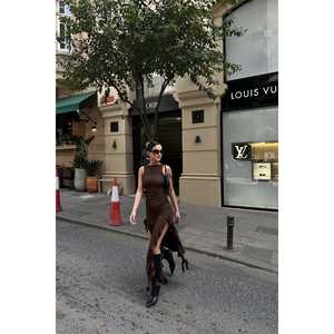 Long Brown Ball Gown <b>Prom</b> <b>Dress</b> with Deep Slit Embroidered Polyester Woven Fabric Empire Waistline Sequined Decoration Size XL - Product Image 3