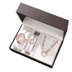 New Style Pink Ladies Simple Wrist Watch Box Bracelet Set Rose Gold Love Diamond Watch Set For Women