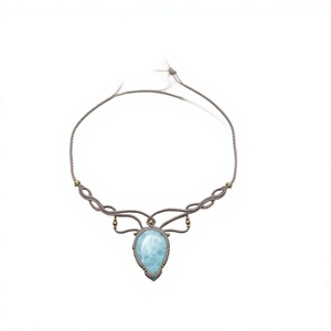 Collier Pendentif Bohème Vintage en Alliage de Cuivre Style Bouddhiste avec Aigue-marine Naturelle en Forme de Goutte Sertie et Chaîne en Bambou Plaqué Argent - Product Image 1