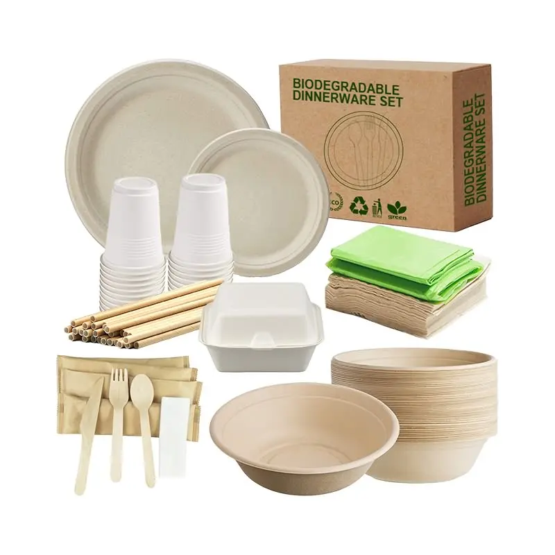 Eco compostable disposable biodegradable bagasse sugarcane luxury paper plates tableware and dinnerware set for wedding party