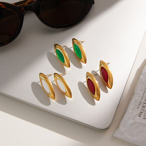 Stud Earrings 18k Gold Plated Stainless Steel Marquise Green Agate Bezel Setting For Women Gift Jewelry - Product Image 4