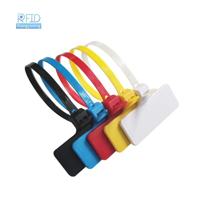 Etiqueta de vedação de nylon RFID com zip tie ISO18000-6C com impressão de logotipo amarelo verde, etiqueta de vedação única em nylon