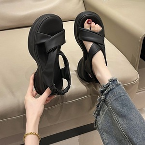 Black Faux Leather Platform Heeled Sandals Open Toe Chunky Heel Elastic Back Strap Summer Women's <b>Shoes</b> - Product Image 4