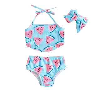 Hàng mới bán buôn cô gái 3 mảnh bơi đặt dưa hấu tắm phù hợp với tua trẻ em Bow Knot dễ thương hồ bơi bãi biển sân chơi mặc