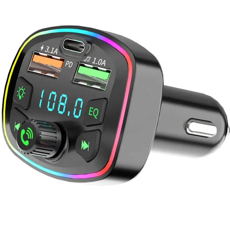 Colorido ambient luz pd 18w tipo-c dupla usb, 4.1a carro, bluetooth 5.0, carregador, música, mp3 player, bluetooth, fm, transmissor