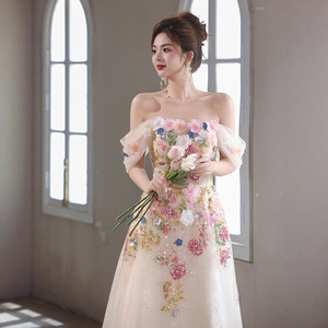 Off-Shoulder Floral Evening Dress Empire Waist A-Line Embroidered Organza For Banquet Hosts - Product Image 2