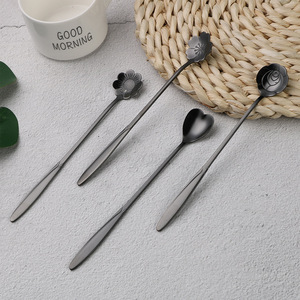 New Design Gold Plated <strong>Spoon</strong> Black Silver Flower Shape Stainless Steel <strong>Tea</strong> Coffee Long <strong>Spoon</strong> - Product Image 3