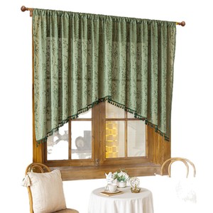 Voilage XinLan Rétro Français Vert à Feuilles Floquées avec Franges, Voile Semi-Transparent pour Cuisine et Chambre - Product Image 3