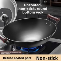 Poêle antiadhésive en fer forgé à double poignée de style ancien, avec couvercle en verre incrusté d'acier inoxydable, compatible gaz, pour cuisine chinoise