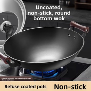Sartén antiadherente de hierro forjado de doble asa estilo antiguo con tapa de acero inoxidable con incrustaciones de vidrio, apta para estufas de gas, estilo chino. - Product Image 5