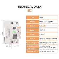 Dispositif de protection différentielle ETEK RCCB 2P 40A 10KA 30mA Type A, disjoncteur différentiel à courant résiduel 2 pôles Type A EKL6-100H RCD en stock
