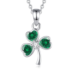 Collana Changda per il Giorno di San Patrizio, Ciondolo Quadrifoglio Portafortuna, Zirconia Cubica Verde, Placcato in Rodio, Catena a Maglie, Gioiello Celtico - Product Image 1
