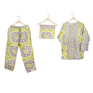 Conjunto de Pijama de 3 Piezas para Mujer, Estampado Paisley, Manga Larga, Cuello Redondo, Tejido Suave, 100% Algodón, Ropa de Dormir, Regalo - Product Image 1