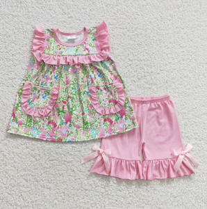 Conjunto de Ropa de Verano de 2 Piezas para Niñas, Estilo Boutique, Casual, con Estampado Tropical de Flores Rosas y Amarillas, Ecológico - Product Image 3