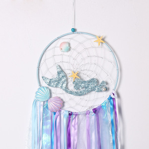 Graziosa decorazione da parete in stile angelo per bambini in tela di cotone Mori sirena acchiappasogni intrecciati a mano con piume - Product Image 3