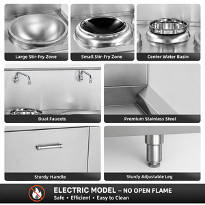 Commercial <b>Electric</b> Large & Small Stir-Fry Combination Range Stainless Steel Dual Wok Stove with Water Basin for Restaurant Kitc - Product Image 2