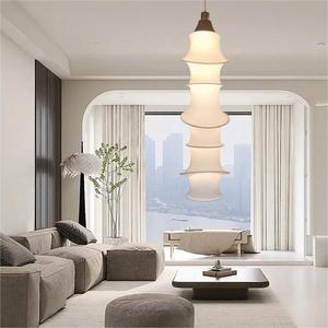 โคมไฟระย้าแบบญี่ปุ่นสไตล์วาบิซาบิ ทำจากผ้าและไม้ไผ่ สำหรับบ้านลอฟท์ บ้านสองชั้น บันได โคมไฟห้อยยาว เหมาะสำหรับห้องพักดีไซเนอร์และห้องนั่งเล่น - Product Image 5